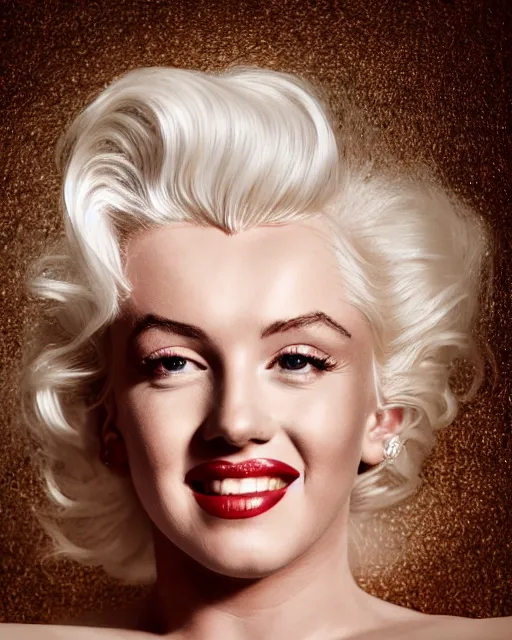 Image similar to Beautiful Head and shoulders portrait of smiling flirty seductive Marilyn monroe with platinum blonde hair, wearing a camisole by arney freytag, artstation, 35mm, fashion photoshoot, laying on a bed in a photo studio, golden hour, bokeh, rim lighting, fashion pose, octane, 4k
