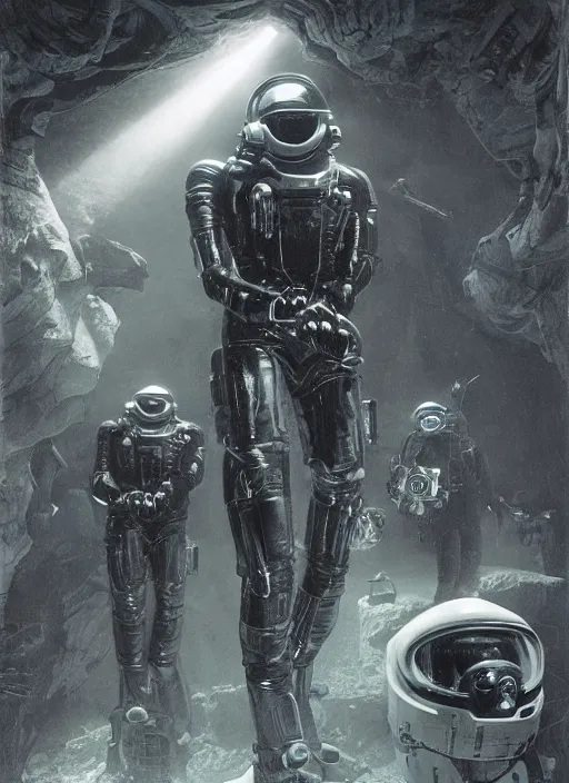 Image similar to astronauts in dark and empty void underwater - complex and hyperdetailed suit. reflection and dispersion materials. rays and dispersion of light. volumetric light. 5 0 mm, f / 3 2. noise film photo. flash photography. ultra realistic, wide angle. poster by wayne barlowe, hajime sorayama aaron horkey, craig mullins. dark key.