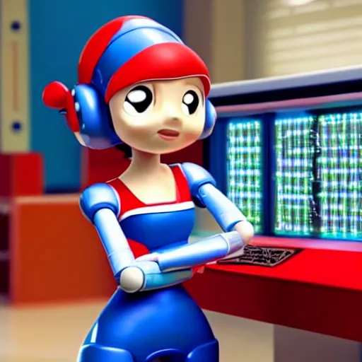 Image similar to pixar - style rendering of : roll is repairing computers in dr. light's laboratory. roll is a cute female ball - jointed robot ( in the style of mega man ) who has blonde hair with bangs and a ponytail tied with a green ribbon. she is wearing a red one - piece dress with a white collar, and red boots.