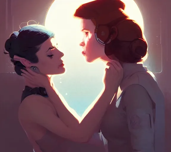 Image similar to portrait of han kissing leia by atey ghailan, by greg rutkowski, by greg tocchini, by james gilleard, by joe fenton, by kaethe butcher, dynamic lighting, gradient light blue, brown, blonde cream and white color scheme, grunge aesthetic