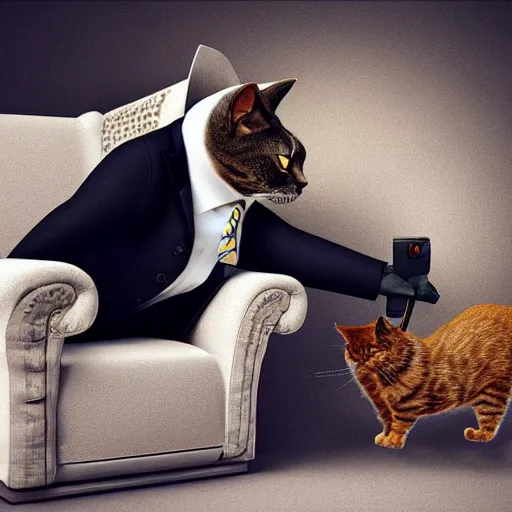 Image similar to a high quality photo of a cat wearing a suit and smoking, render, ultra realistic, cgsociety