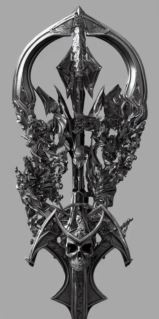 Prompt: a black and silver sword skull crest, ornament, weapon, a 3 d render by dom qwek, front side, concept art, trending on polycount, artstation, hard surface modeling, rendered in maya, zbrush, hd, vray, blizzard concept, symmetry