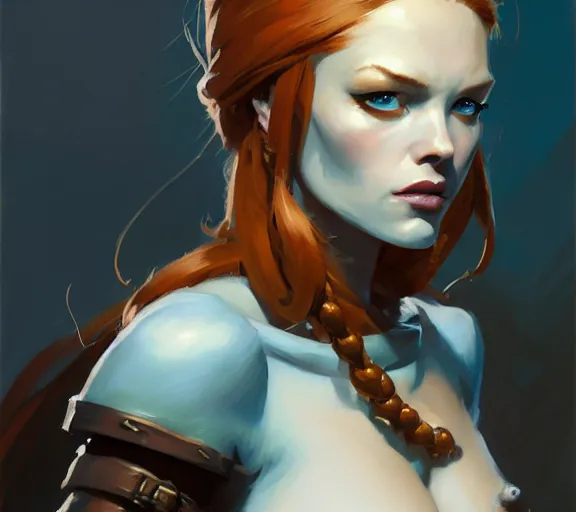 Prompt: greg manchess portrait painting of beautiful ginger female rogue, d & d, fantasy, medium shot, asymmetrical, intricate, elegant, matte painting, illustration, hearthstone, by greg rutkowski, by greg tocchini, by james gilleard, by joe fenton, dynamic lighting, gradient light blue, brown, blonde cream and white color scheme, grunge aesthetic