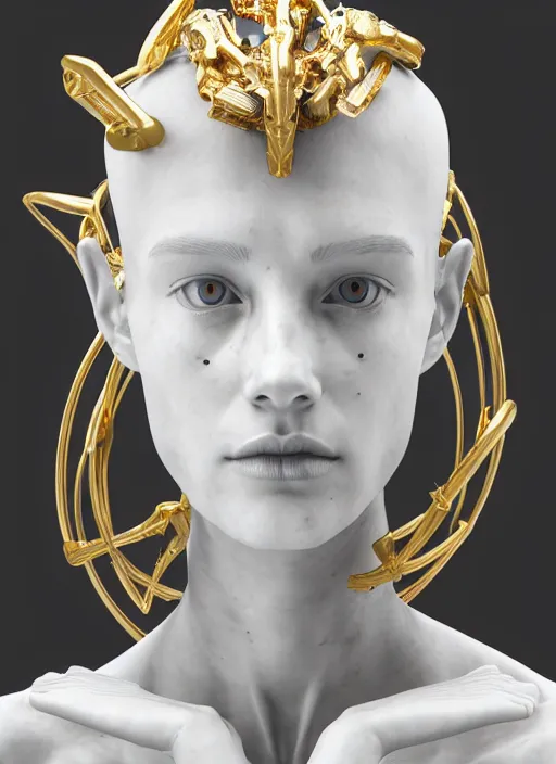 Image similar to a statue made of white marble with gold veins, of an beautiful gorgeous futuristic cybernetic angel girl, prostheses, transhumanism, full body shot, perfect symmetrical body, perfect symmetrical face, hyper realistic, hyper detailed, by johannen voss, by peter kemp, by monia merlo, by michelangelo, octane render, blender, 8 k