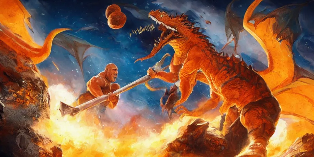 Prompt: concept art of dwayne johnson with a baseball bat fighting an orange dragon outside a space station