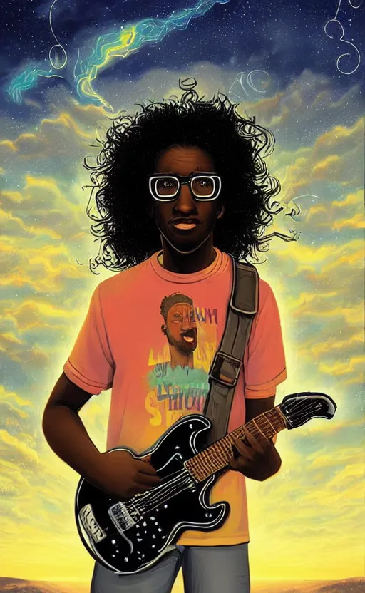 Prompt: a young black man with long curly hair wearing glasses playing electric guitar, on cosmic cloudscape, italian futurism, Dan Mumford, da vinci, Josan Gonzalez