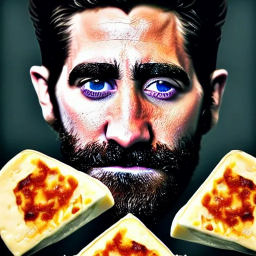 Image similar to food photography of jake gyllenhaal's face fused with halloumi cheese ( ( white halloumi cheese hybrid with jake gyllenhaal face ) ), jake gyllenhaal sentient cheese man, by greg rutkowski