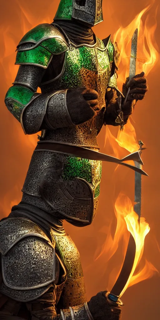 Prompt: full body portrait of half rat knight holding a great sword made of fire, anthropomorphic, prompt:hyper realistic, high detail, photo realistic, cinematic lighting, rendering by octane, spot lighting, in a open field, high quality, coherent. green hue armor