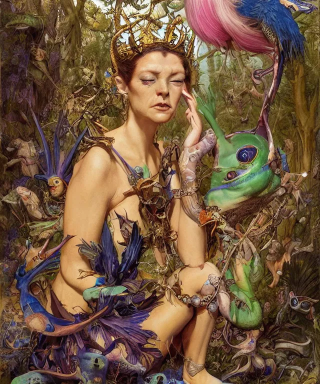 Prompt: a portrait photograph of a meditating fierce colorful harpy antilope super villian queen with slimy amphibian scaled blue skin. she is wearing a living organic dress. by donato giancola, hans holbein, walton ford, gaston bussiere, peter mohrbacher and brian froud. 8 k, cgsociety, fashion editorial