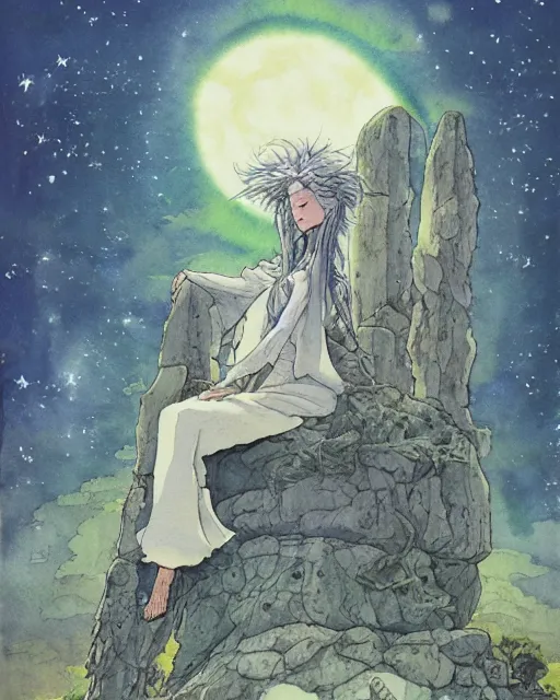 Image similar to a hyperrealist studio ghibli watercolor fantasy concept art of a giant long haired grey witch in lotus position sitting on top of stonehenge with a starry sky in the background. a ufo is in the sky. by rebecca guay, michael kaluta, charles vess