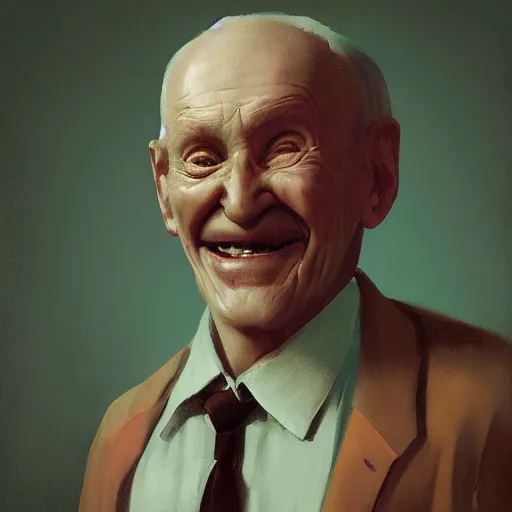Prompt: Old man smiling to camera evil, portrait artwork by Sergey Kolesov, arstation,