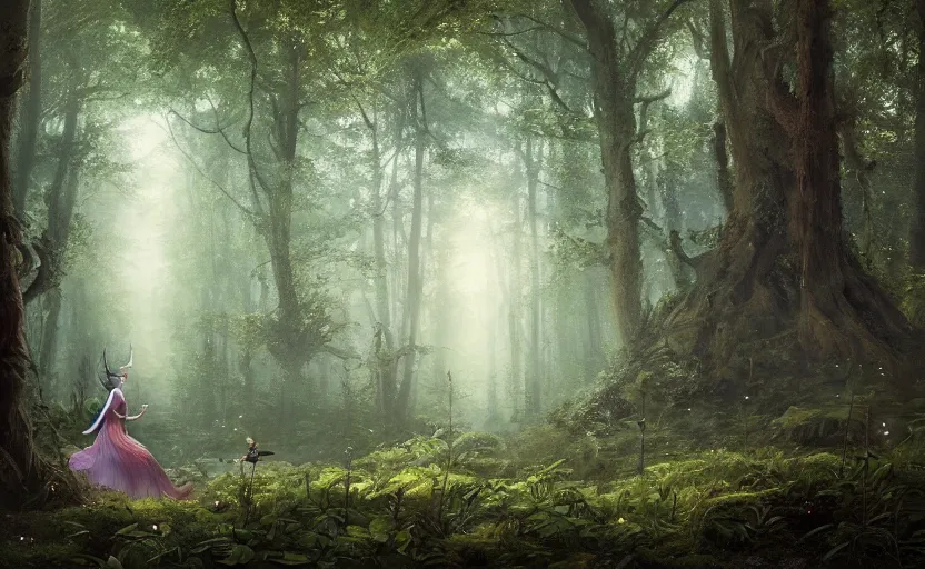 Image similar to a joyful fairy queen, in a dark forest, telephoto, rule of thirds, symmetry, beautiful, magical, fireflies, mysterious matte painting by greg rutkowski and marc simonetti and ivan shishkin, 4 k