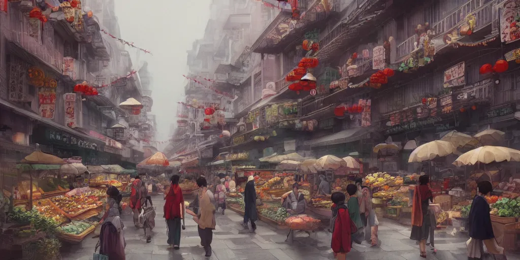 Image similar to morning market in chinatown, slightly foggy day, matte painting, studio ghibli, artstation