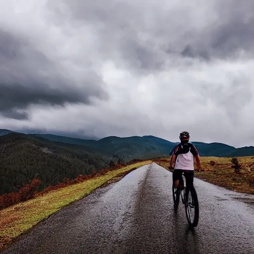 Prompt: biking with my boyfriend in the mountains, rain, cinematic lighting, award winning photography, god figure is in the sky, highly detailed