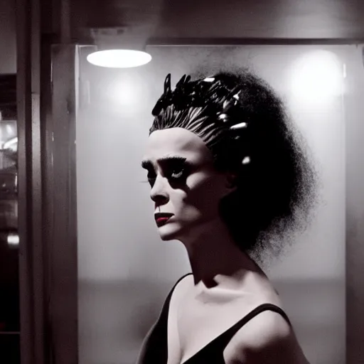 Image similar to noir cinematic portrait of bride of frankenstein as a replicant in a busy street at night, sleepy, frightened and angry, still from the movie ex machina, a neon sign is in the background