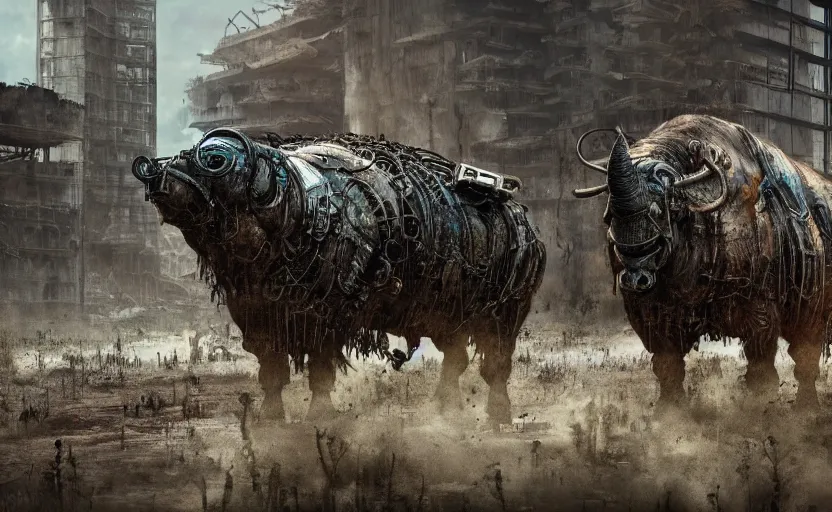 Image similar to a metallic cyborg buffaloes in a post apocalyptic swamp with ruins of a rationalist city, photorealistic render, mad max