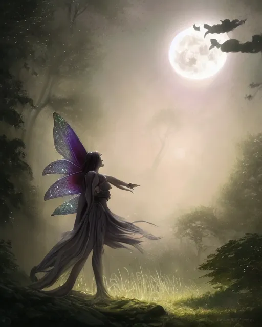 Image similar to attractive fairy goddness fly high in the night, d & d, fantasy, mist, full moon in background, trees, hyper detailed, art by artgerm and greg rutkowski and magali villeneuve, midium shot, 8 k realistic, cryengine, digital painting, trending on artstation, concept art, sharp focus, illustration,