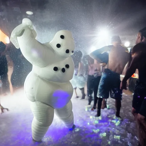 Image similar to cinematic photo of the michelin man dancing at a foam party with party lights