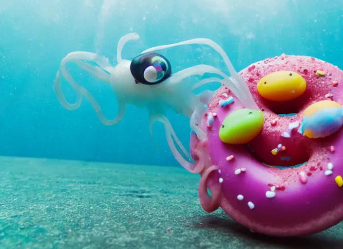 Image similar to underwater photo still of a squid with a glazed donut with rainbow sprinkles on its head, 4 k, 8 5 mm, f 1 6