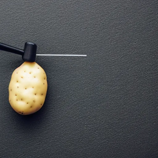 Image similar to a potato connected to a voltmeter by curly wires. white background photo realistic, 4 k, well lit, vray render