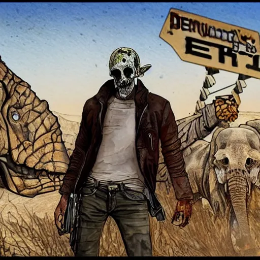 Prompt: a sketch of a decomposing zombie in a post - apocalyptic desert, gta 5 cover art style, the desert is in watercolor, elephant skull, pencil, intermediate art, paper art, pencil, bold lines, humans with apocalypse clothes on in the background, by an gta 5 loading screen artist