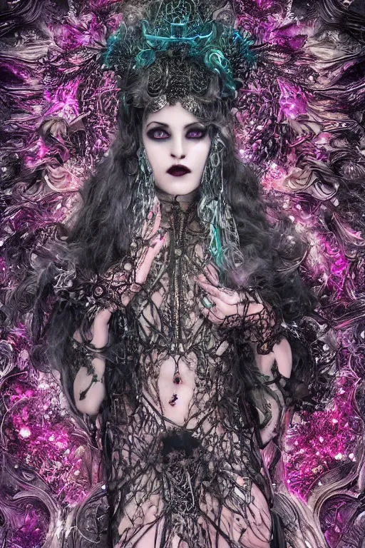 Image similar to highly detailed, digital painting of a beautiful arcane witch in a dark intricate ornate fractal-lace and gemstones mask, wearing a stunning silky bio-luminiscent neon-noir neo-goth dress, subdued dark pastel colors palette, full view, soft lighting, vivid, Hyperdetailed, 4k hd matte, 8k resolution, enchanting and otherworldly, detailed, front view, Portrait backlighting, Kodakchrome, high contrast, Gsociety, trending on ArtstationHQ, dreamscape maximized.