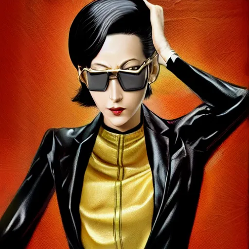 Image similar to Goro Majima as slim girl, gold suit jacket in snake print, black leather gloves, short black hair, black eye patch, elegant, 2d, ultra highly detailed, digital painting, smooth, sharp focus, artstation, art by Ilya Kuvshinov