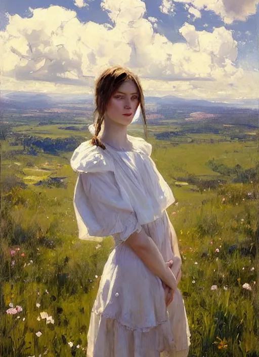 Image similar to portrait of girl dressed in white clothes , countryside, fantasy character portrait, dynamic pose, above view, view from above, sunny day, thunder clouds in the sky, artwork by Jeremy Lipkin and Giuseppe Dangelico Pino and Michael Garmash and rob rey, very coherent symmetrical artwork, perfect face, simple form, 100mm