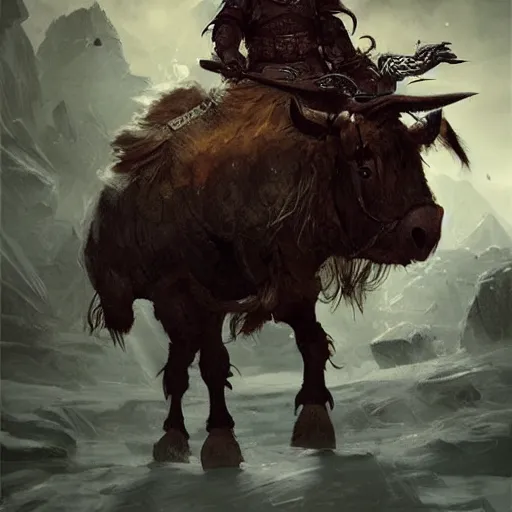 Image similar to Walter white as a dark fantasy warrior riding an armored yak, made by Greg Rutkowski