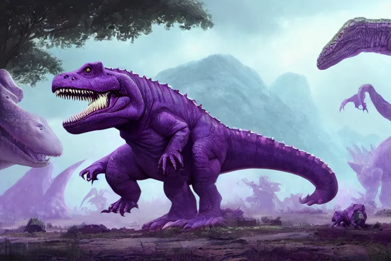 Image similar to barney the purple dinosaur, in a prehistoric landscape, surrounded by larger predatory dinosaurs, tyrannosaurus, fantasy art, barney and friends, greg rutkowski, concept art, highly detailed, artstation, artgerm, behance, cgsociety, natural history