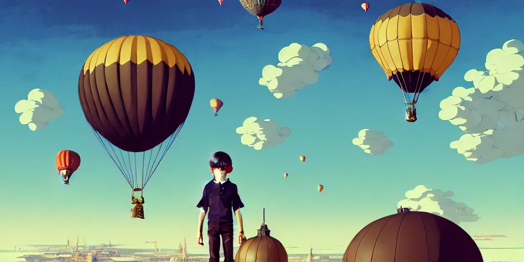 Prompt: 3 d portrait of a boy with an aviator helmet and goggles standing at the helm of a multidimensional steampunk hot air balloon by ilya kuvshinov, cloudy sky background lush landscape ln illustration concept art anime key visual trending pixiv by victo ngai fanbox by greg rutkowski makoto shinkai takashi takeuchi studio ghibli