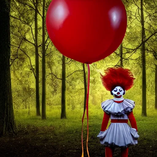 Image similar to pennywise clown hiding behind a tree watching little boy walking in a forest
