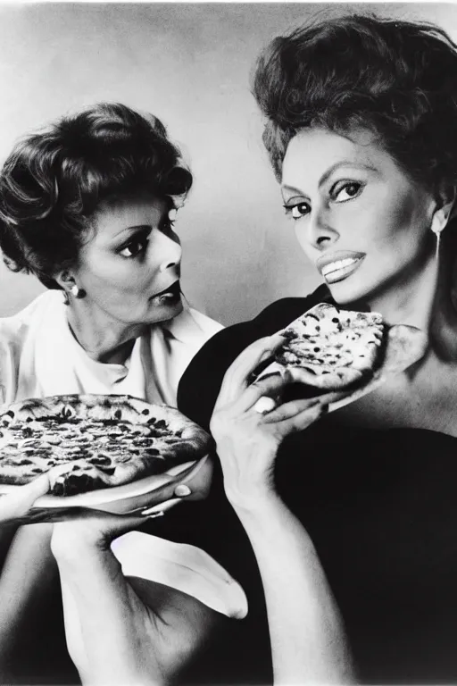 Image similar to professional studio photo of sophia loren and queen margherita ( savoy ) sharing a pizza! margherita, closeup, portrait photo, diffuse light, black and white photo, 5 0 mm, soft focus, acclaimed, masterpiece