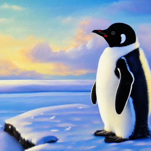 Prompt: cute puffy furry baby penguin in snowy winter landscape with icebergs detailed oil painting 4k