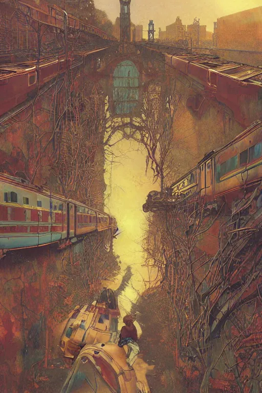 Image similar to trains covered in dripping graffiti paint, by lawrence alma tadema and zdzislaw beksinski and norman rockwell and jack kirby and tom lovell and greg staples and hiroshi yoshid and moebius and loish and artgerm, painterly, symmetrical, ultra detailed, hyper realistic, illustration, sunset lighting