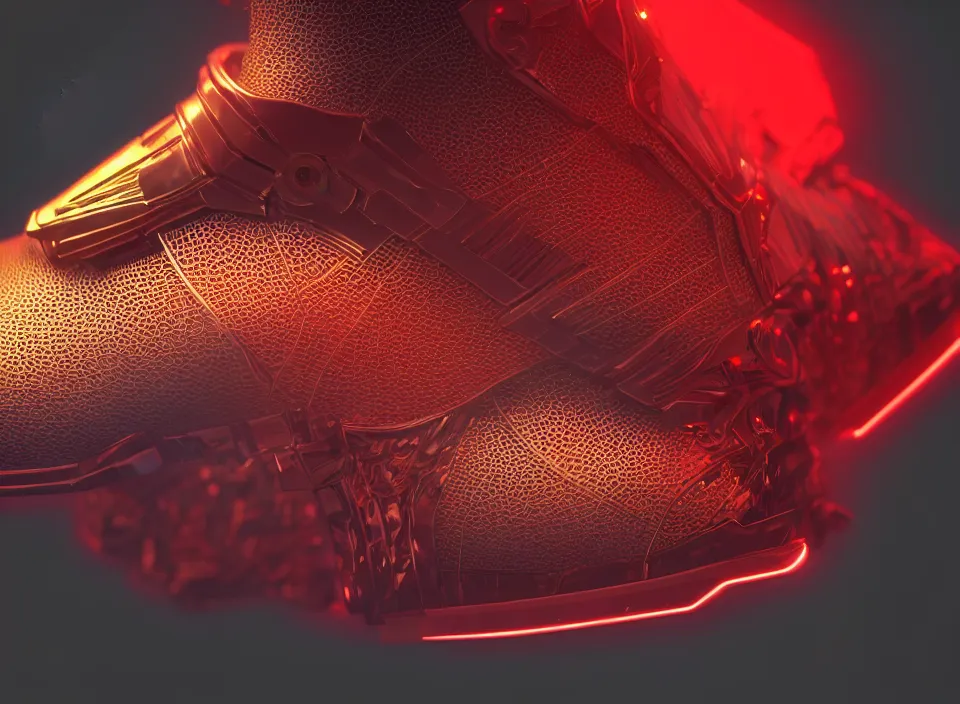 Image similar to realistic 3 d render of a cyberpunk android sneaker, beautiful studio lighting, soft, sharp focus, neon cyberpunk highlights, intricate detail, gold and red accents, soft rubber, octane render, side view, close up, trending on artstation, deviantart, issey miyake, lloyd wright, gaugin