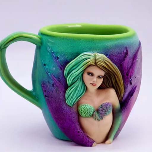 Image similar to a ceramic realistic mermaid sculpture mug, creative, beautiful, award winning design, functional, colorful