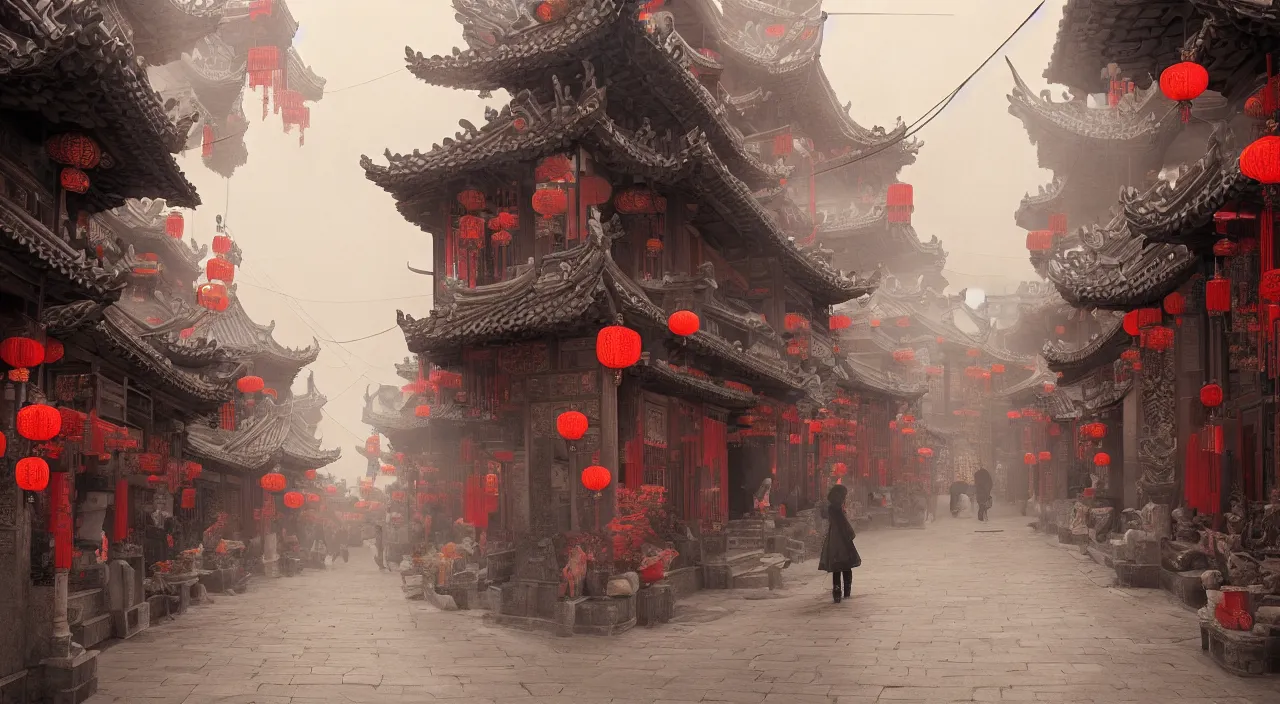 Image similar to on the night of the chinese new year's day, many chinese ghosts wander in the ancient chinese streets. the guiding line composition method, the tindal effect, the soft light, the cool color, by wu jinyuan, trending on artstation