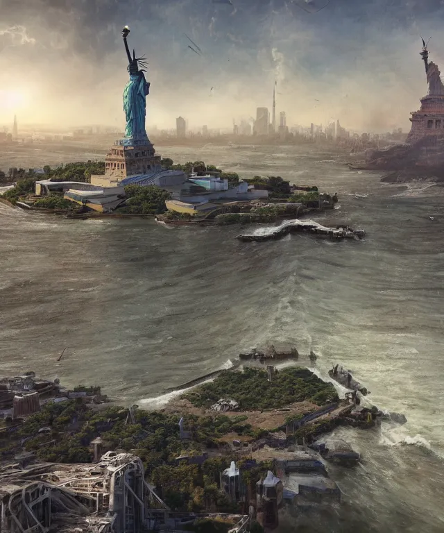 Image similar to highly detailed digital matte painting of an overgrown, abandoned, damaged close up of Lady of Liberty, taken back by nature Lady Liberty is the focus. Full shot. By Raphael Lacoste and Ruan Jia and Robert McCall, postcyberpunk, geodesic dome, hyperdetailed, sunrise, wide shot, autochrome, octane render