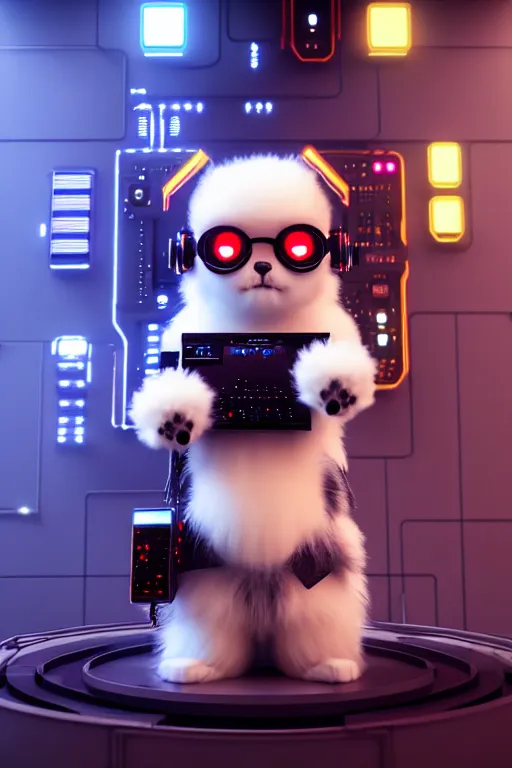 Image similar to high quality 3 d render very cute fluffy cyborg!! dog plays synthesizer, cyberpunk highly detailed, unreal engine cinematic smooth, in the style of blade runner & detective pikachu, hannah yata charlie immer, moody light, low angle, uhd 8 k, sharp focus