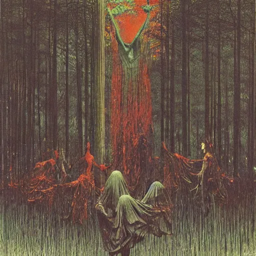 Prompt: a cult ritual in a dark forest, high detailed beksinski painting, by adrian ghenie and gerhard richter. art by takato yamamoto. masterpiece, deep colours.