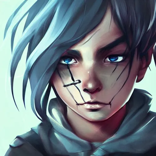 Prompt: A boy who has a scar on his left eye+dark+evil+concept art+artstation+by rossdraws+ depicted as a beautiful Instagram profile picture