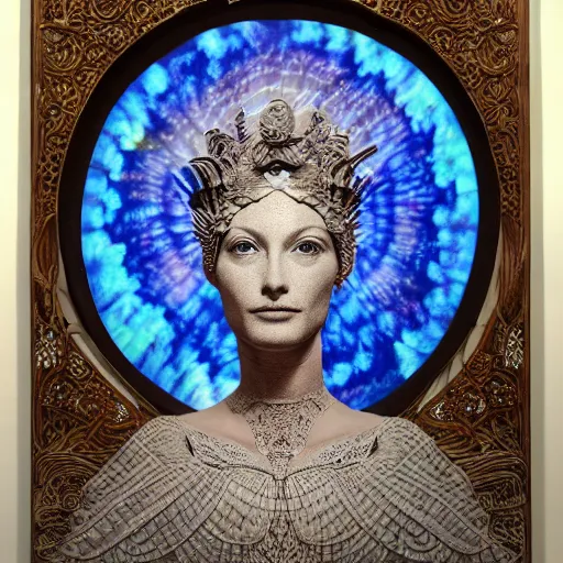 Image similar to 3 d goddess minerva, medium shot portrait. beautiful hyperrealistic intricate highly detailed and richly embroidered with esoteric symbols gown, surrounded by stacks of books bioluminescent, curious, plasma, 4 k surrealism