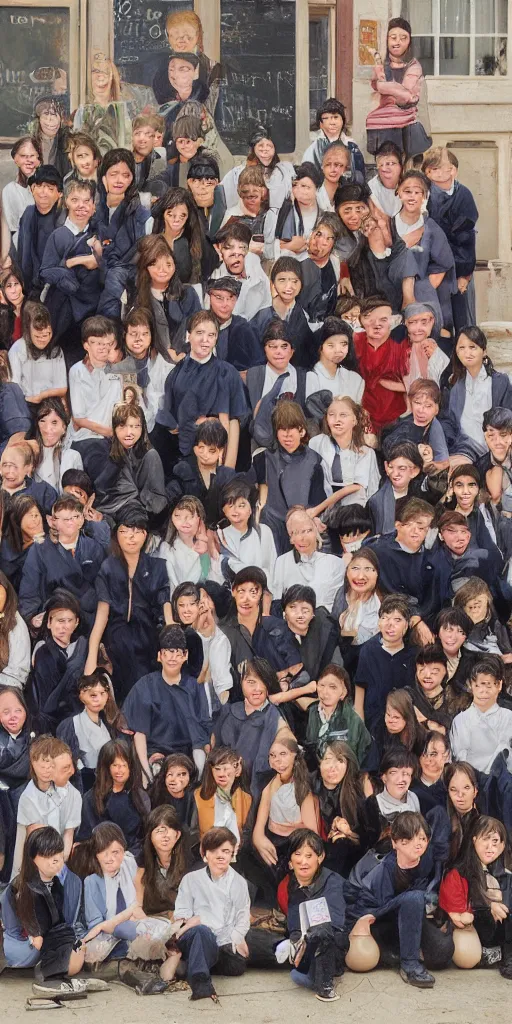 Image similar to oil painting scene photographer takes group school photo by kim jung gi