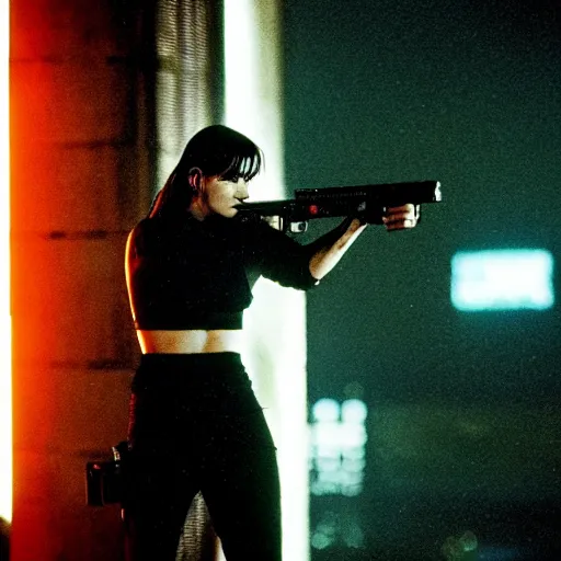 Image similar to jennifer connelly starring in a cyberpunk movie in a distopic futuristic city in the style of bladerunner, wearing a cropped black tank top, black boyshorts and black boots, firing a gun, muzzle flash, movie still, highly detailed, rainy night, volumetric lights, dramatic, scifi, sharp focus