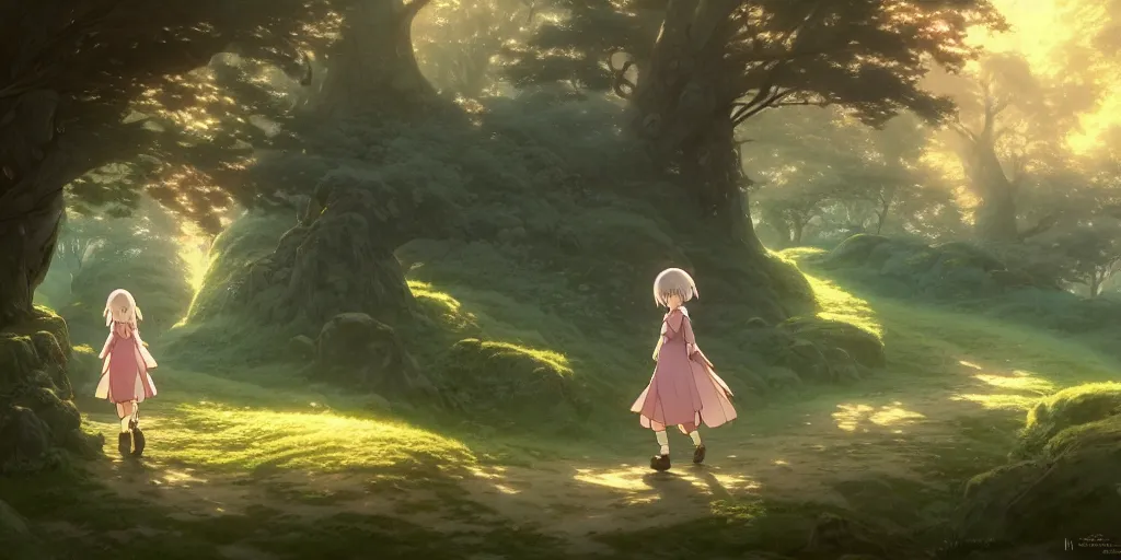 Image similar to small girl walking down a gobble stone path, hills, forest. anime, fantasy, smooth. early morning, digital painting, by hayao miyazaki and rossdraws and artgerm and detmold and greg rutkowski and alphonse mucha. artstation. beautiful, high quality, stunning, intricate detailed environment. 8 k