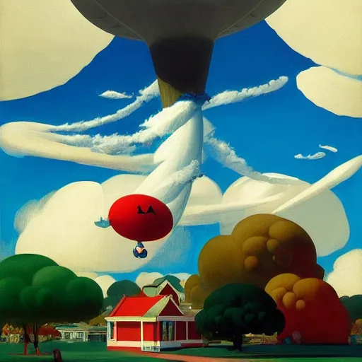 Image similar to Giant objects of amusement fly through the air, as a tornado approaches, by Takashi Murakami, Edward Hopper, Bo Bartlett, and Cynthia Sheppard, Artstation