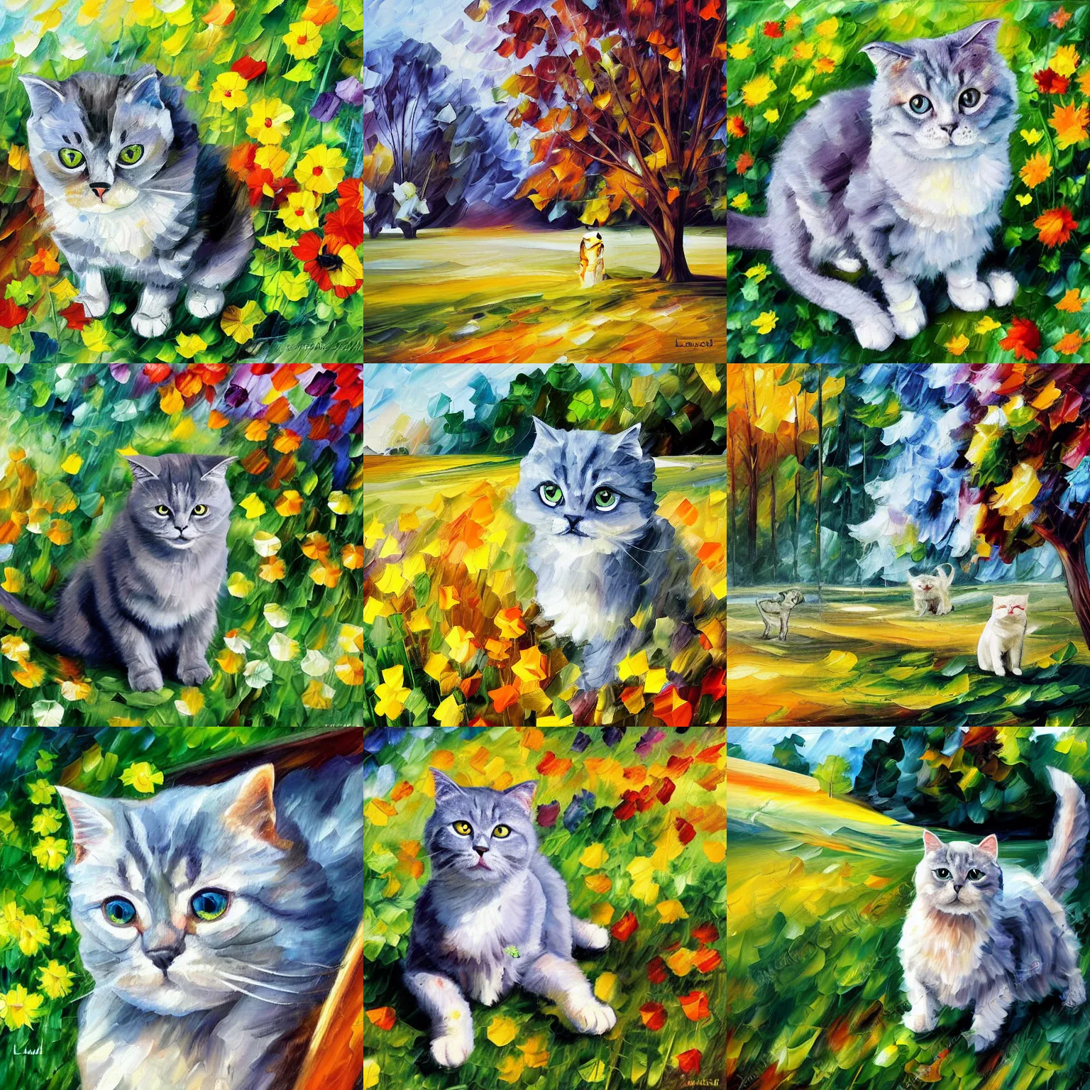 Prompt: a grey scottish fold cat in the middle of sunny meadow, by leonid afremov