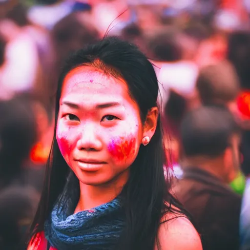 Prompt: a ultra high resolution close - up of a beautiful young thai woman standing in crowd of psytrance music festival, looking down at the camera. her face is partially obscured by a red scarf, and she has a smiling expression. the light is dim, and the colours are muted. kodak etkar 1 0 0