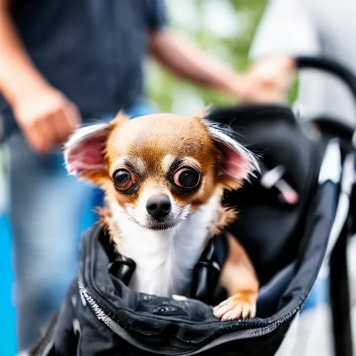 Image similar to a photo of a chihuahua pushing its human in a stroller, 4K UHD, 16mm f/1.4